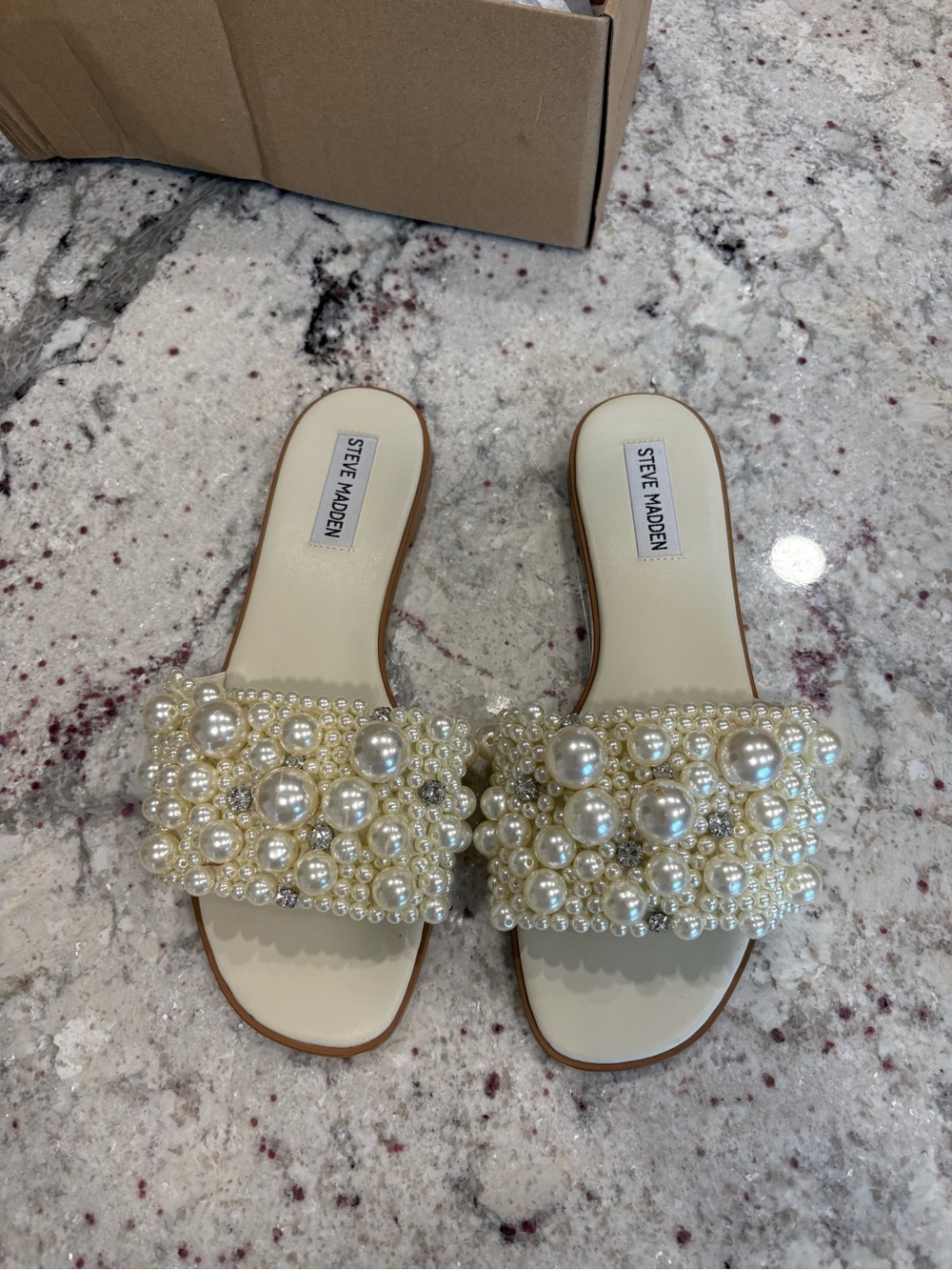 Steve Madden Pearl-Embellished Ivory Slide Sandals